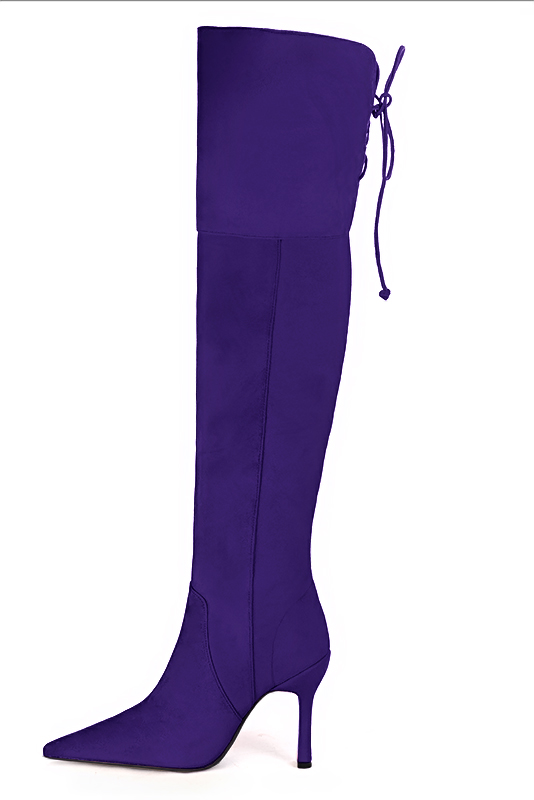 Violet purple women's leather thigh-high boots. Pointed toe. Very high spool heels. Made to measure. Profile view - Florence KOOIJMAN